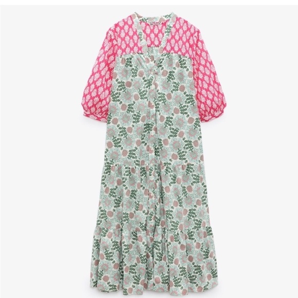 Zara Dresses & Skirts - Zara Pink and Green Patterned Dress Size Small